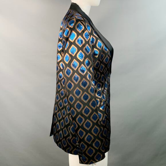 ETRO Size 8 Black Blue Metallic Geometric Peak Lapel Jacket Blazer - Picture 4 of 10